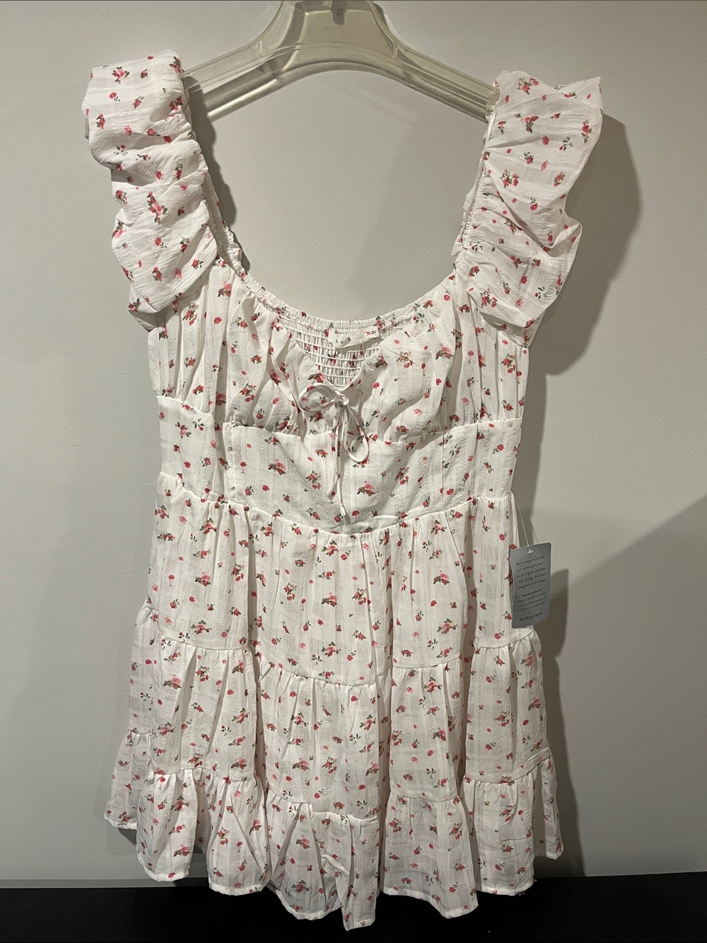 Lush White Dress with Pink Floral Print and Ruffle Straps